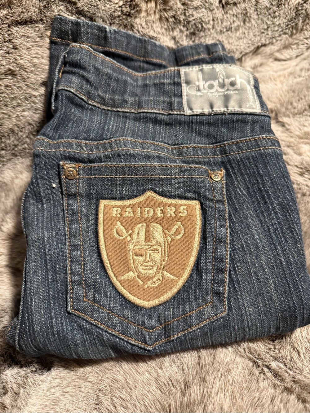 Touch by Alyssa Milano Dark Blue Straight Leg Jeans with Tan Raiders Patch